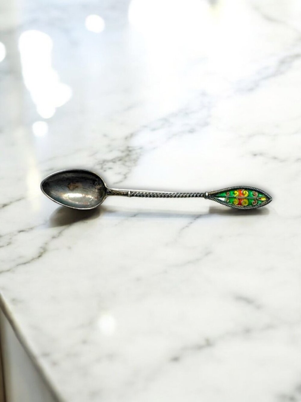 Antique 800 Silver Spoon Brooch Enamel Handle Monogram